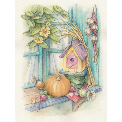 Harvest Birdhouse - Original Watercolor Painting